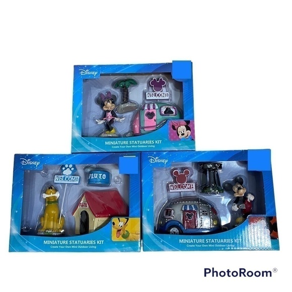 Disney Mini Statues Collection Mickey Minnie Mouse Pluto Garden Gnome Camper - Picture 1 of 7